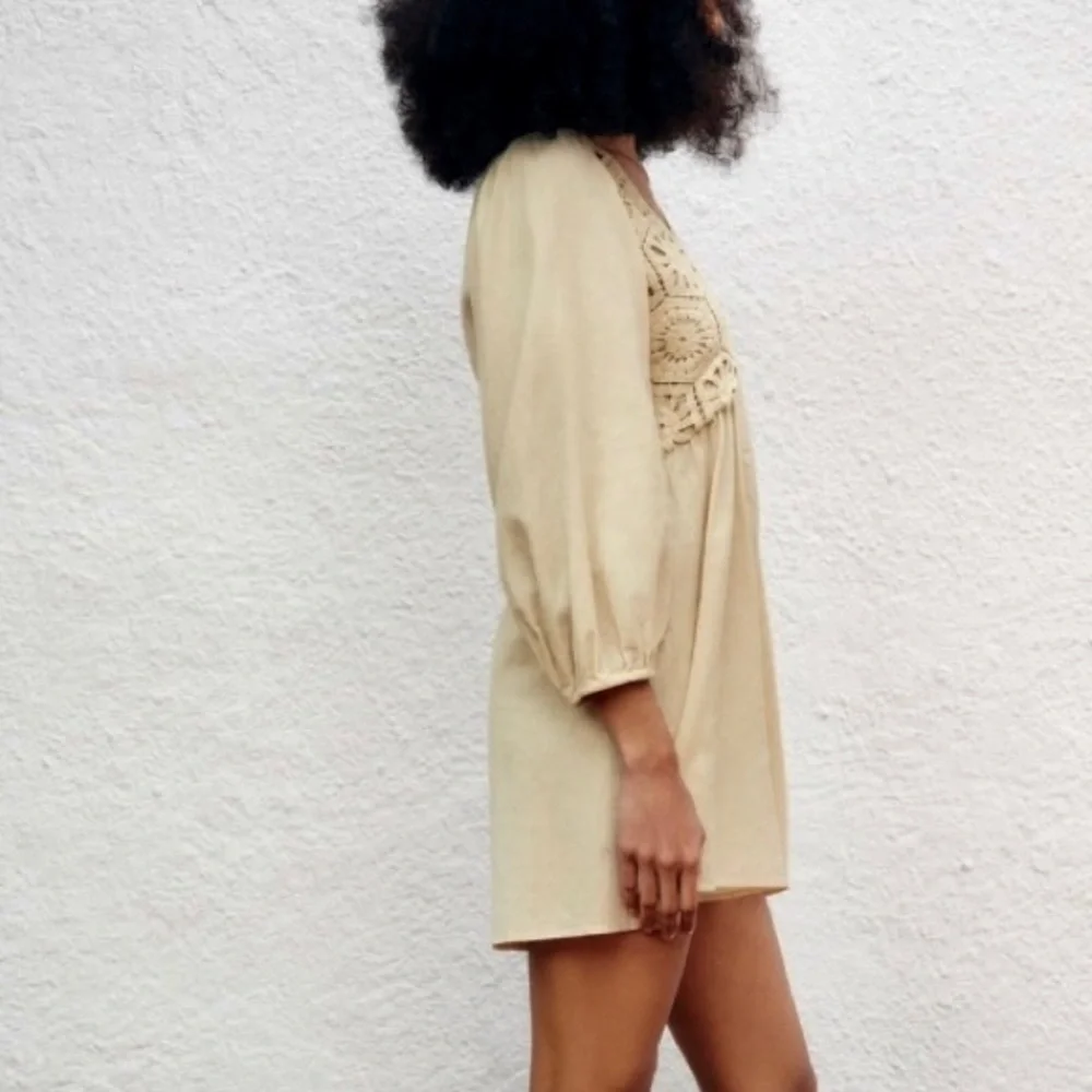 ZARA Crochet Embroidered Romper Short Jumpsuit Cream Ecru Size S